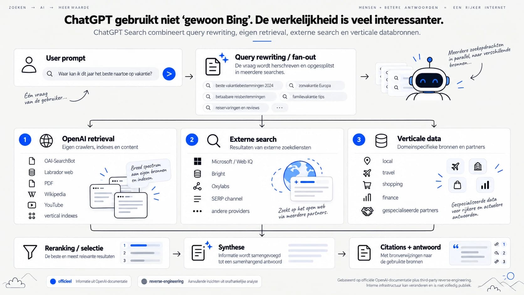 Schema van ChatGPT Search: een prompt wordt herschreven en opgesplitst, waarna OpenAI-eigen retrieval, externe zoekdiensten en verticale databronnen parallel worden geraadpleegd, gevolgd door reranking, synthese en citations.